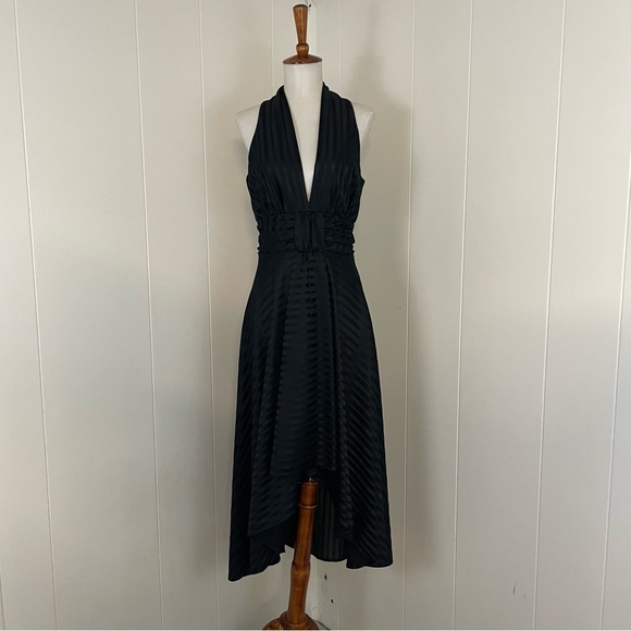 Vintage Black Dress Women’s M Sleeveless Halter V-Neck A-Line Midi - Picture 9 of 9